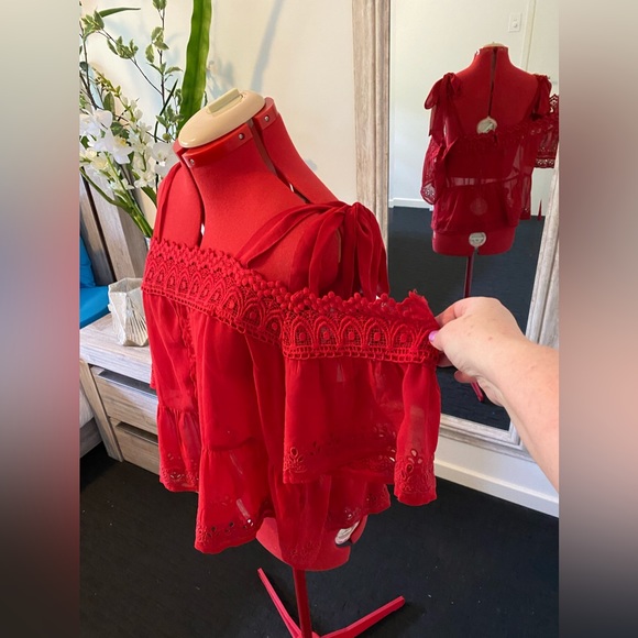 Size 16 Asos Red Lace Tie Shoulder Boho Top - Picture 4 of 10